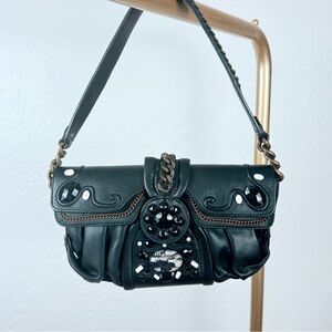G-Series by Cole Haan Black Leather Embellished Shoulder Bag Brass Chain